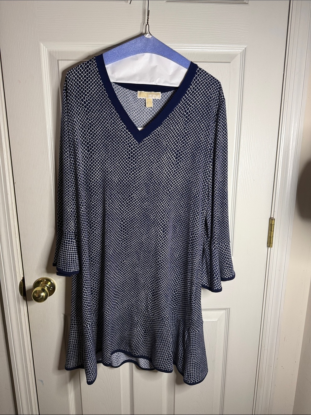 Michael Kors Navy and White Patterned V-Neck Long Sleeve Dress